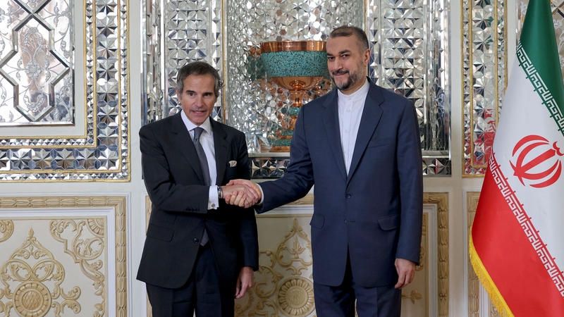 Iranian Foreign Minister Hossein Amir-Abdollahian (R) welcomes IAEA chief Rafael Grossi ahead of a meeting in Tehran on 4 March