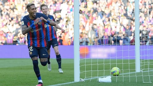 Raphinha celebrates scoring what proved to be the only goal of the game between Barcelona and Valencia