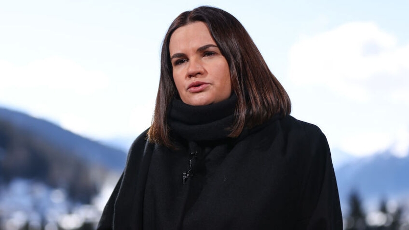 Svetlana Tikhanovskaya, pictured in January, at the World Economic Forum in Switzerland