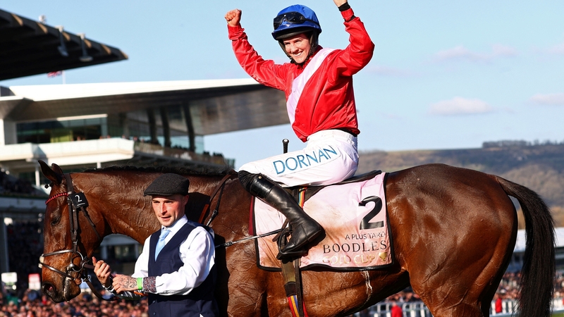 Rachael Blackmore celebrates on 'A Plus Tard' after winning the Cheltenham Gold Cup