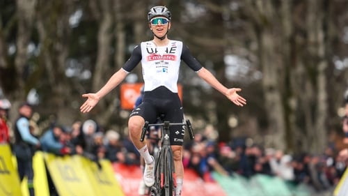 Slovenia's Tadej Pogacar celebrates his stage win to take over as race leader heading into the fifth stage