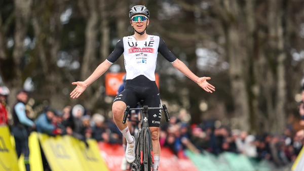 Slovenia's Tadej Pogacar celebrates his stage win to take over as race leader heading into the fifth stage
