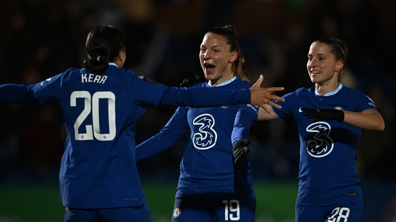 Johanna Rytting Kaneryd celebrates of Chelsea's third goal with teammates Sam Kerr and Jelena Cankovic