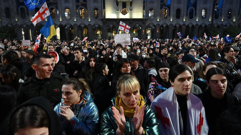 Protesters take part in a demonstration in Tbilisi
