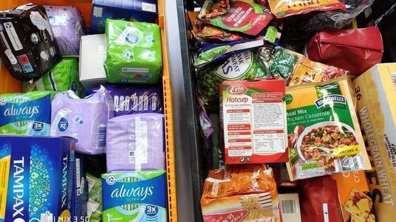 Food and period products ready for distribution at Quarryvale Family Resource Centre in Clondalkin, Dublin