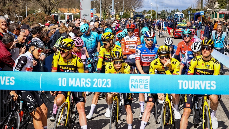 Cyclists wait for the start of stage six of Paris-Nice, a 197km route from Tourves to La Colle-sur-Loup. The stage would be cancelled due to inclement weather
