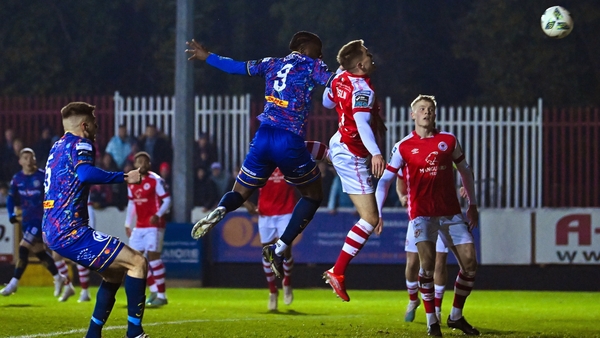Jonathan Afolabi heads home the opener for the Gypsies