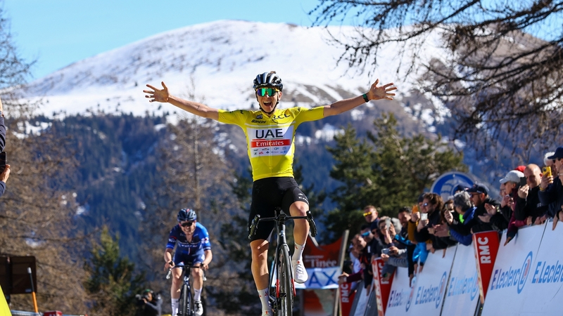 Tadej Pogacar crosses the line first to take the seventh stage of Paris-Nice