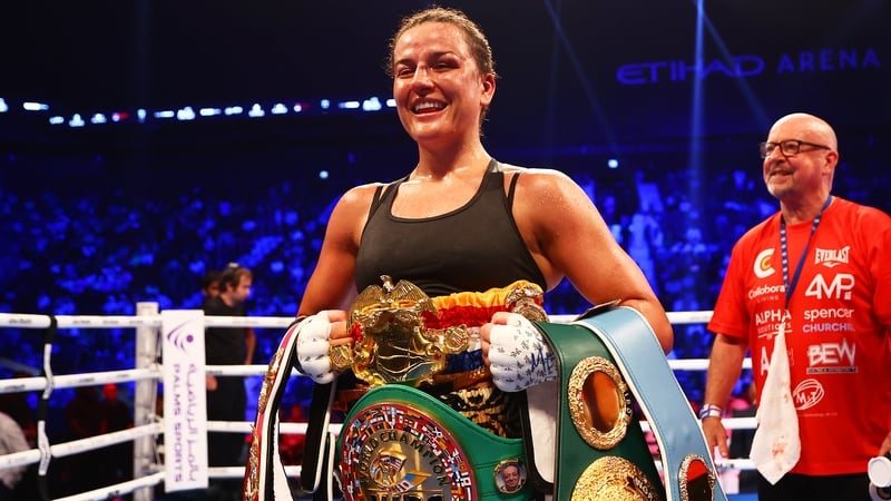 Chantelle Cameron with the IBF, IBO, WBA, WBC and WBO World title belts after her win against Jessica McCaskill last year