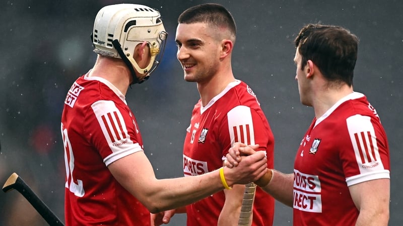 Shane Barrett, left. Shane Kingston, centre, and Niall O'Leary celebrate at the full-time whistle