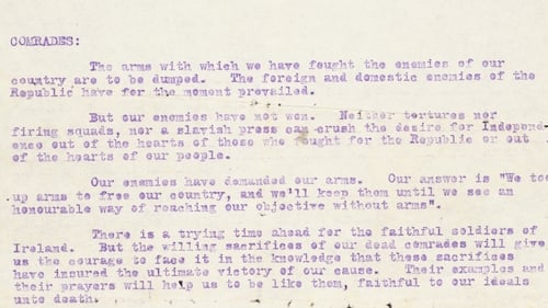 An extract from Frank Aiken's letter ordering the dumping of arms. Image courtesy of the National Library of Ireland