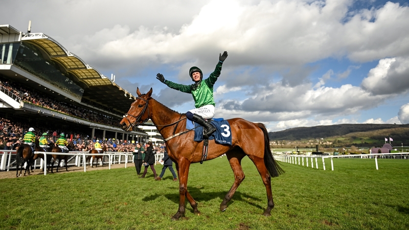 Paul Townend celebrates on El Fabiolo following their Arkle success