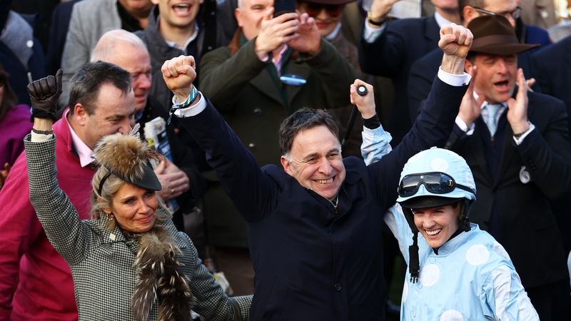 Henry de Bromhead celebrates alongside jockey Rachael Blackmore