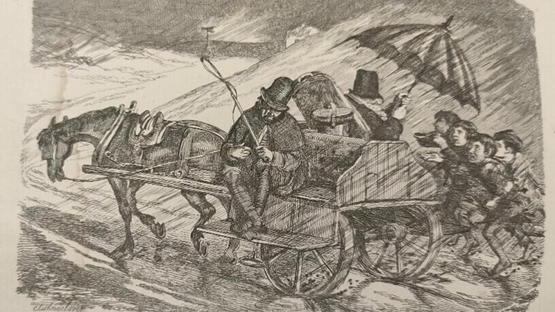 Soft day thank God: 'An outside jaunting car in storm' by Daniel Maclise from John Barrow's A Tour round Ireland through the sea-coast counties in the autumn of 1835