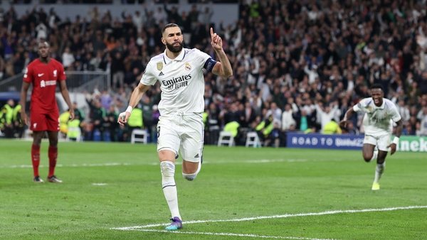 Karim Benzema celebrates his goal against Liverpool