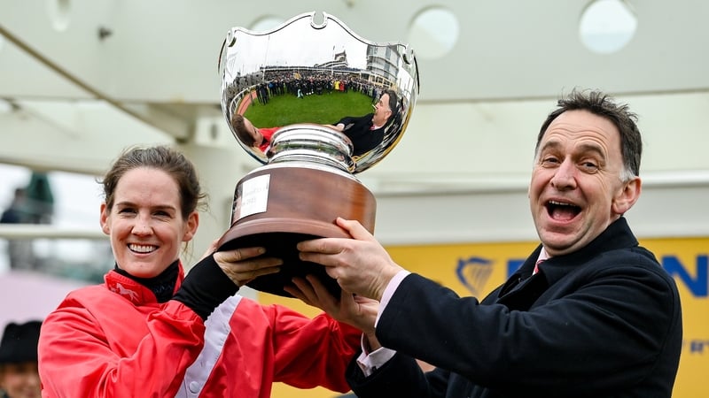 Henry De Bromhead alongside Rachael Blackmore following victory for Envoi Allen