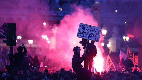 A demonstration on Place de la Concorde in Paris after the government pushed pension reform through parliament without a vote