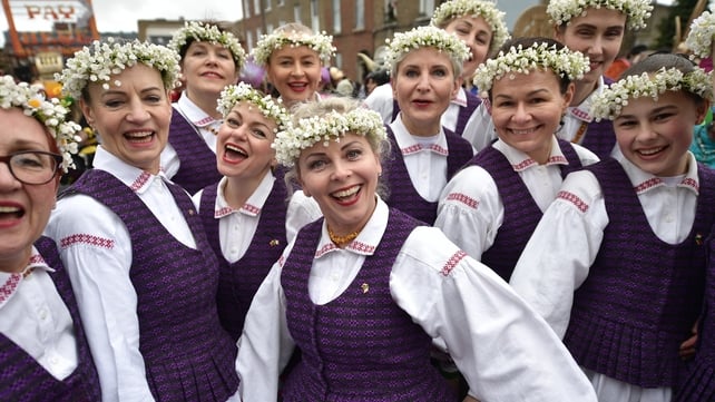 Revellers pose ahead of the St Patrick's Day Parade in Dublin
