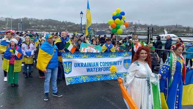 Members of the Ukrainian community parade in Waterford