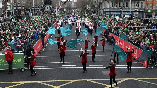 Parade performers on O'Connell Bridge in Dublin