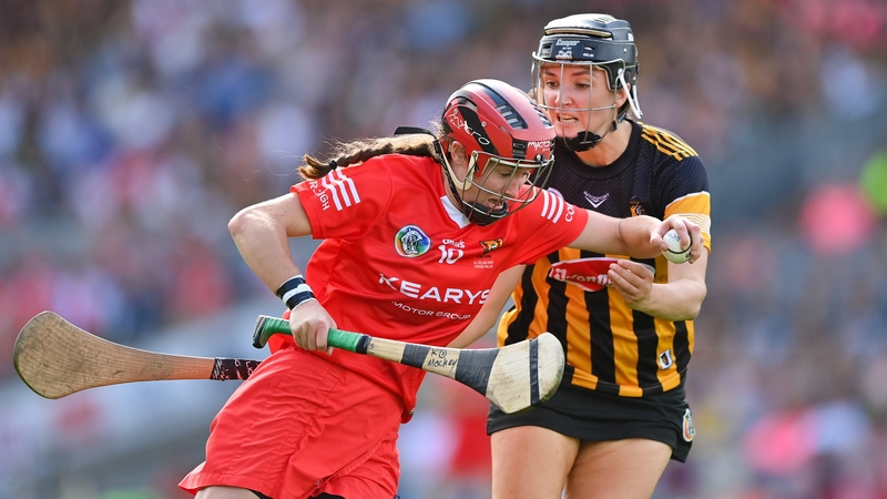 Katrina Mackey of Cork in action against Claire Phelan of Kilkenny during the 2022 All-Ireland final