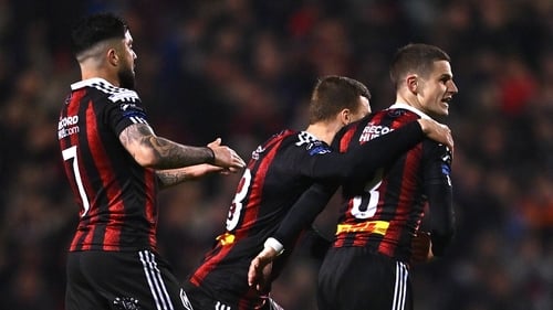 Paddy Kirk, Declan McDaid and Kacper Radkowski celebrate Bohs' leveller