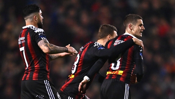 Paddy Kirk, Declan McDaid and Kacper Radkowski celebrate Bohs' leveller