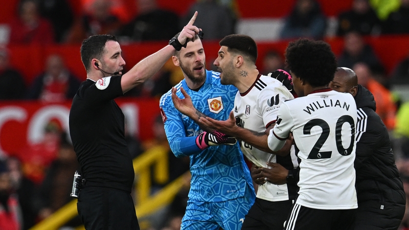Aleksandar Mitrovic (C) is restrained by Manchester United goalkeeper David de Gea as he remonstrated with the referee