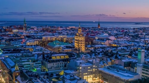 An aerial view of Helsinki at night