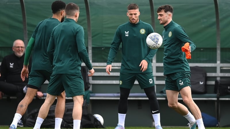 Troy Parrott, right, and Matt Doherty during training on Monday