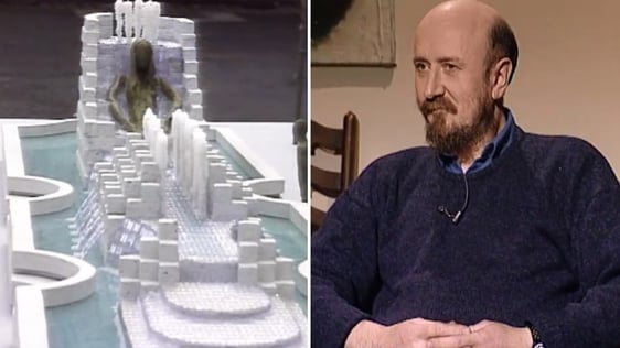 Sculptor Eamonn O'Doherty with a model of the Millennium Fountain in 1988.