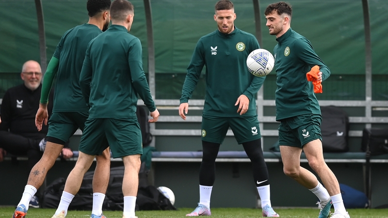 Troy Parrott, right, and Matt Doherty during a Republic of Ireland training session