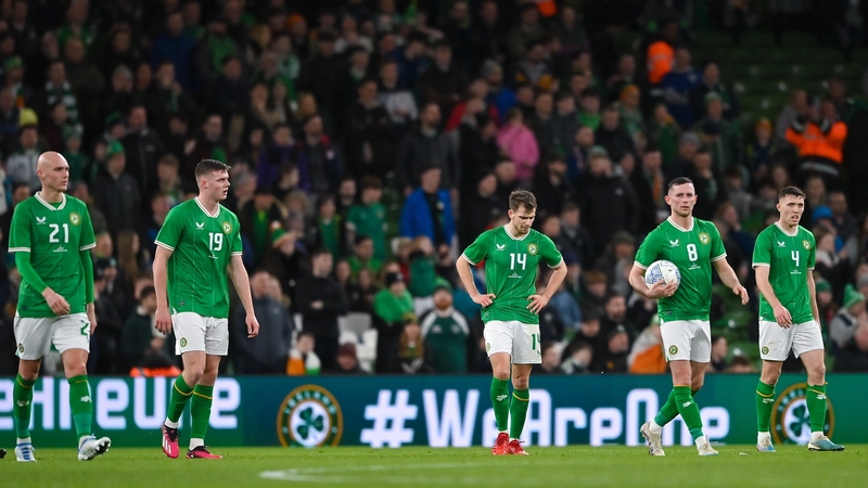 Will Smallbone, Evan Ferguson, Jayson Molumby, Alan Browne and Dara O'Shea looking dejected after Latvia's second goal