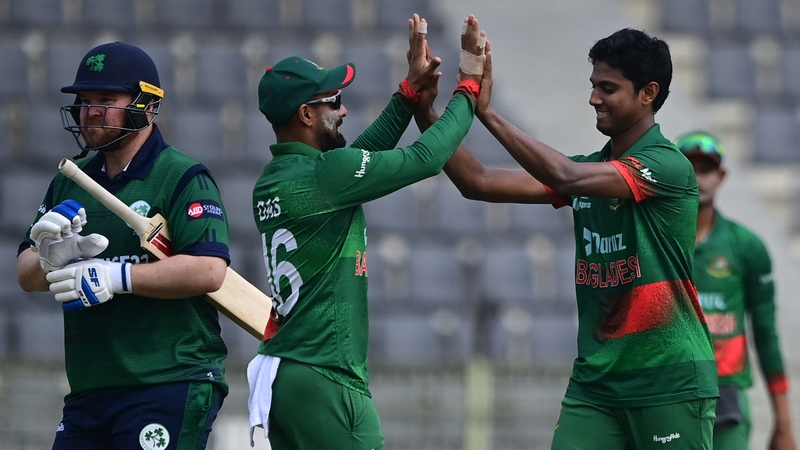 Litton Das and Hasan Mahmud celebrate the dismissal of Harry Tector