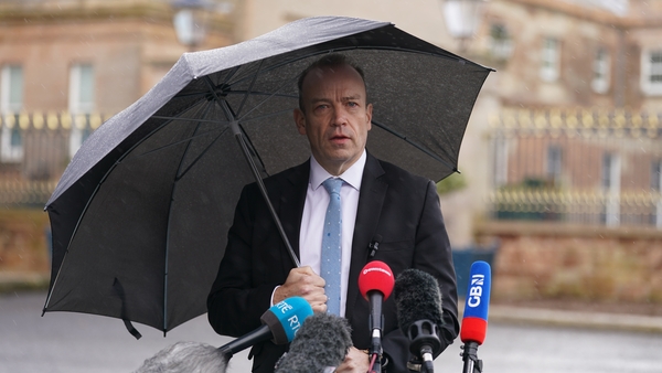 Northern Ireland Secretary Chris Heaton-Harris speaking to the media at Hillsborough Castle