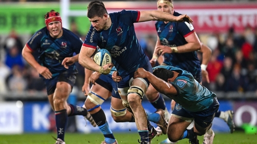 Nick Timoney of Ulster is tackled by Marco van Staden