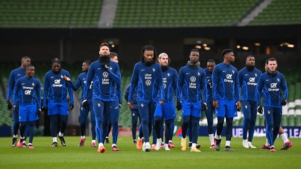 The French team at a training session at the Aviva Stadium ahead of the fixture