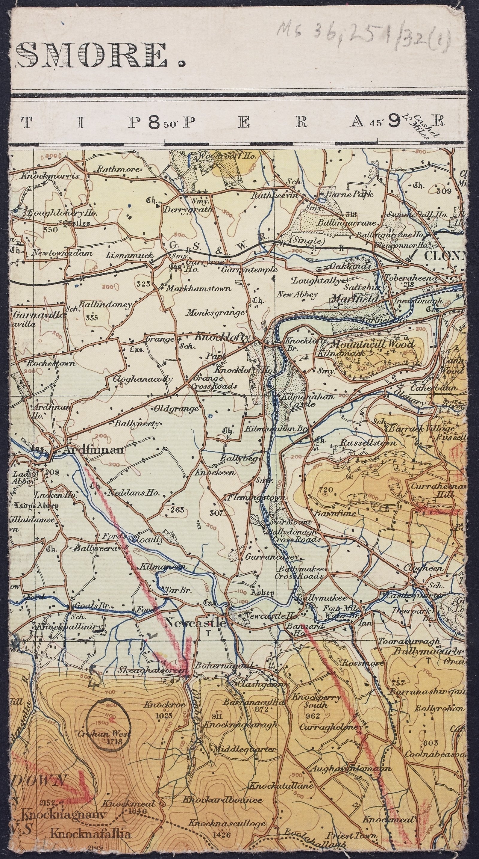 General Prout's own map of the Tipperary/ Waterford border region. The arrows indicate where he wanted the sweeps and searches of the area to go. The area circled in the lower left-hand corner marks the spot where Lynch was shot. (National Library)
