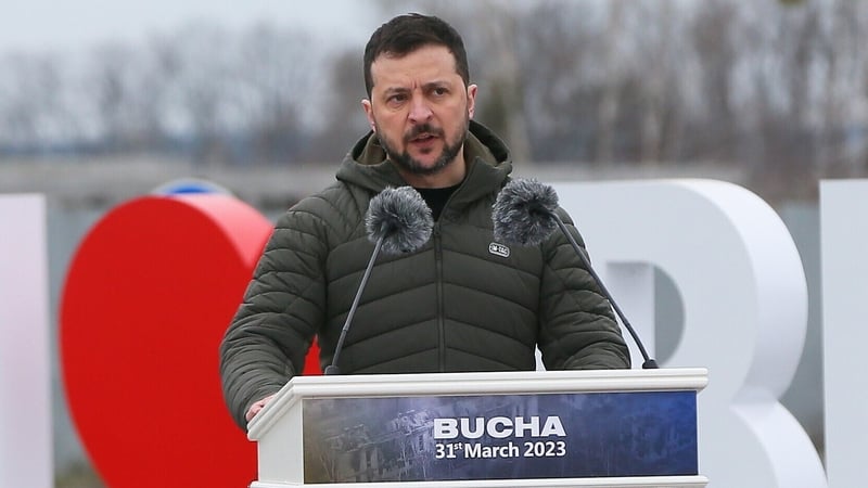 Ukrainian President Volodymyr Zelensky speaking at an event in Bucha