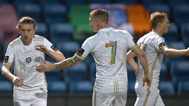 David Hurley (L) celebrates his first goal for Galway United