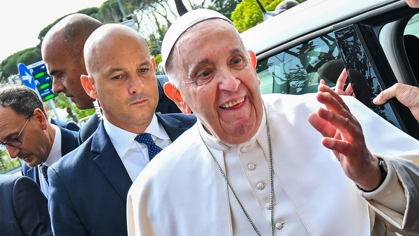 Pope Francis addresses the media as he leaves the Gemelli hospital in Rome