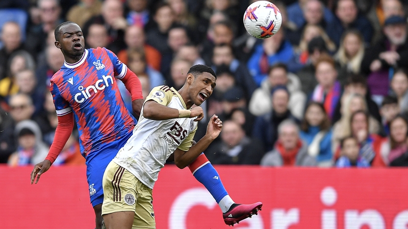 Tyrick Mitchell of Crystal Palace battles with Leicester's Mateus Cardoso Lemos