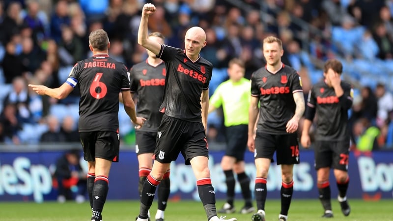 Will Smallbone (centre) celebrates scoring for Stoke against Coventry