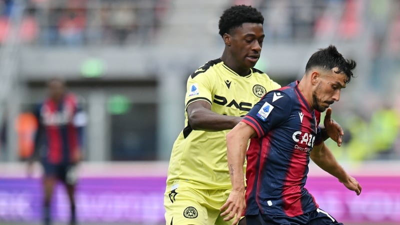 James Abankwah challenges Nicolas Dominguez of Bologna FC during the latter stages of the game
