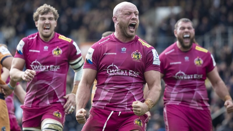 Exeter Chiefs' Jack Yeandle celebrates after scoring the winning try