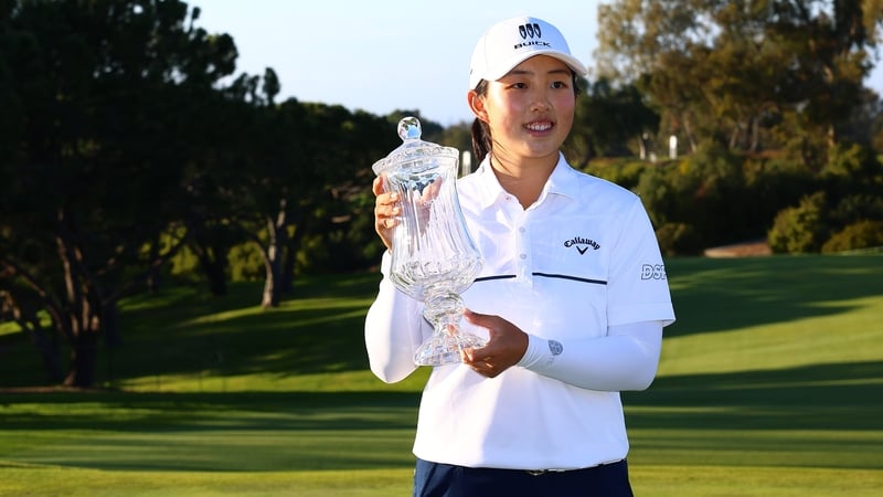 Ruoning Yin celebrates at Palos Verdes Golf Club