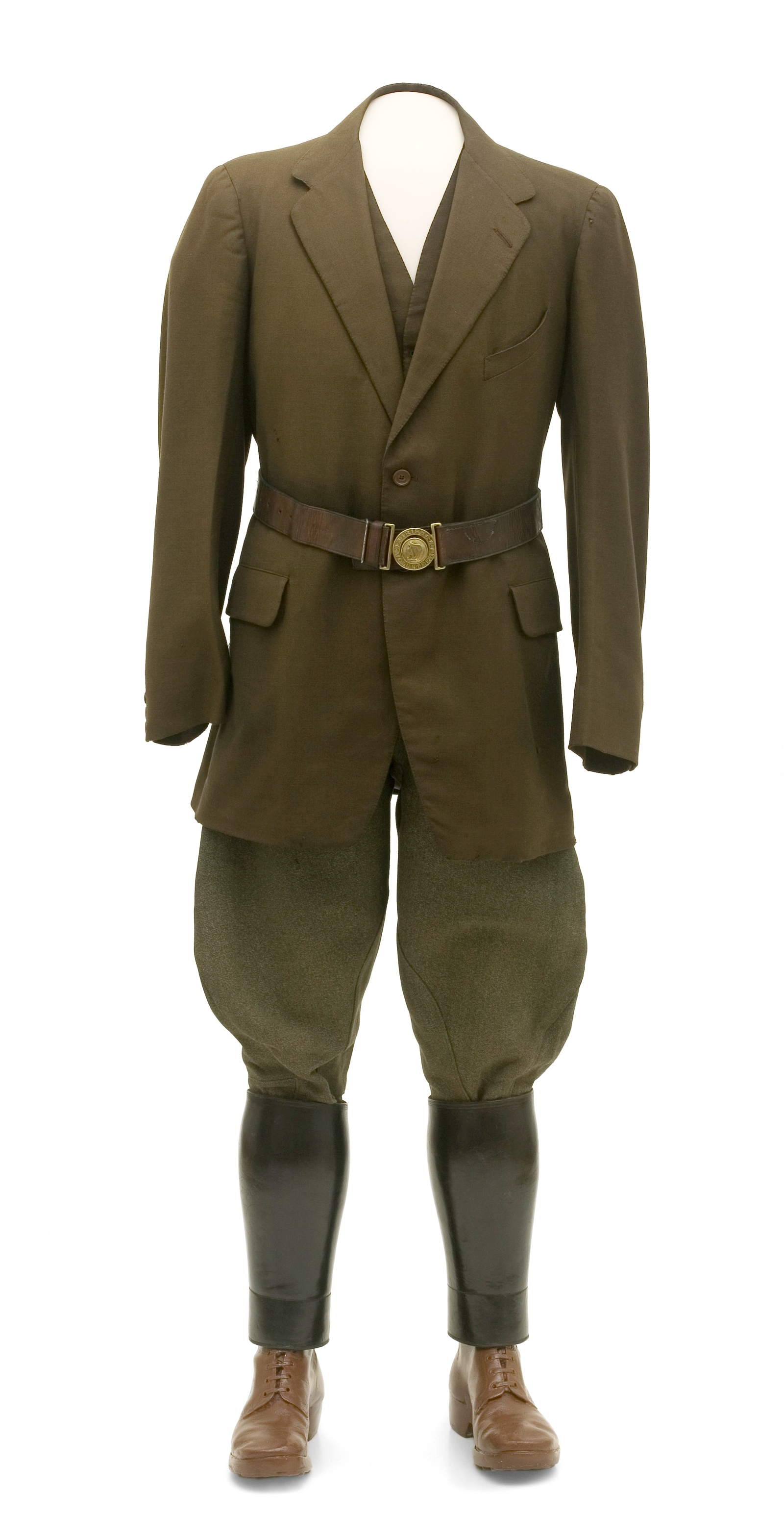 Liam Lynch's uniform, as worn on the day of his death. The boots look new - his comrade Jerry Kirwan had repaired them just before Lynch's death. (Credit: National Museum of Ireland)