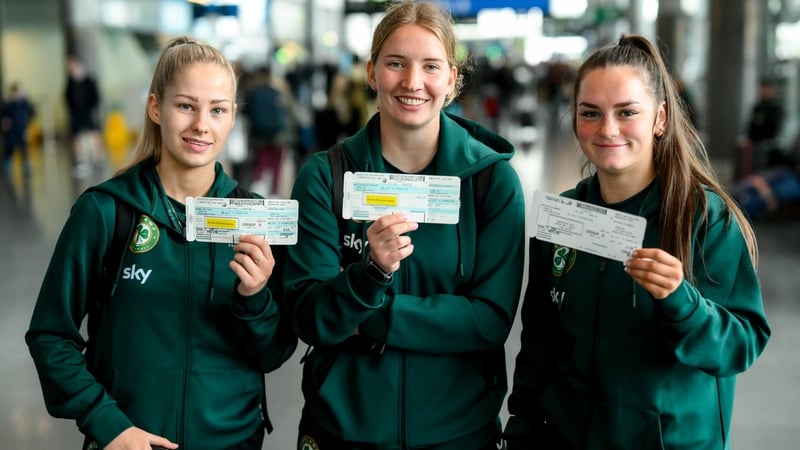 Tara O'Hanlon (L), Sophie Whitehouse (C), and Alannah McEvoy at Dublin Airport before the Republic of Ireland women flew out to the USA on Monday