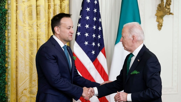 Joe Biden and Leo Varadkar shake hands during a St Patrick's Day reception in the White House this year