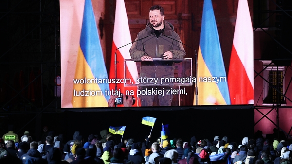 Ukrainian President Volodymyr Zelensky speaking at Warsaw's Royal Castle